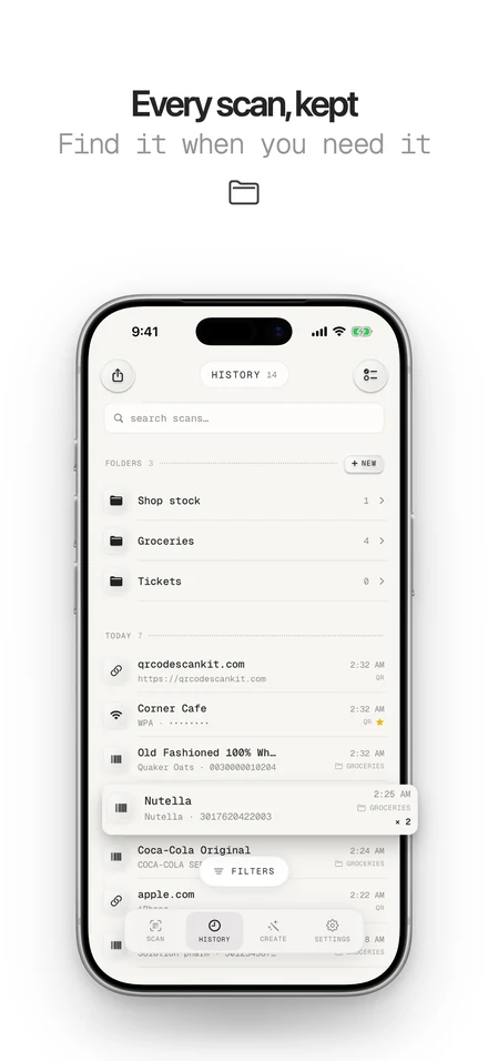 Scan history saved and sorted into folders