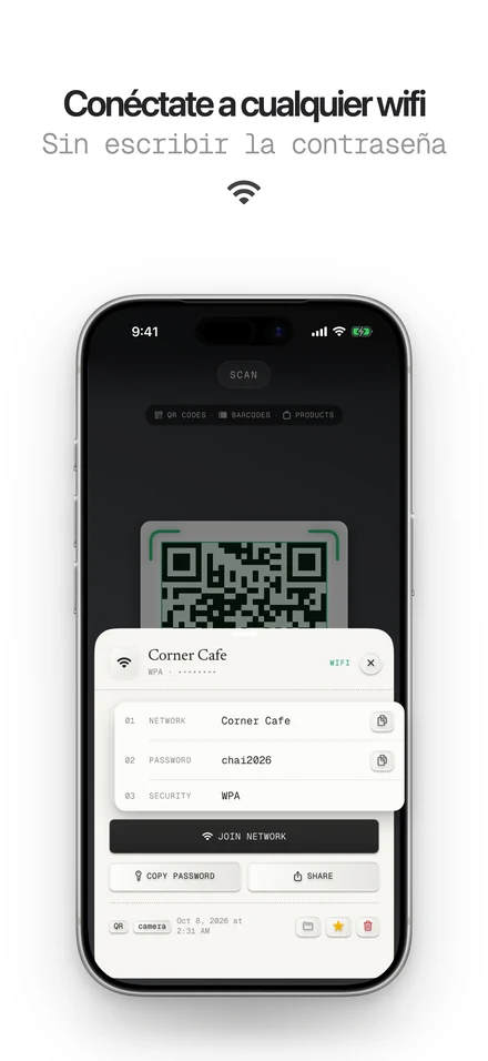 Escanear el código QR del wifi para conectarte con un toque