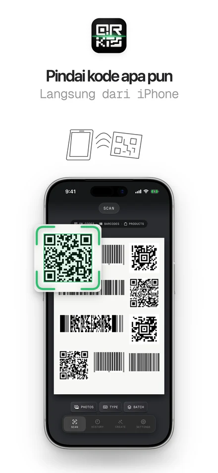 Pemindai QR yang membaca kode QR dan barcode dalam banyak format