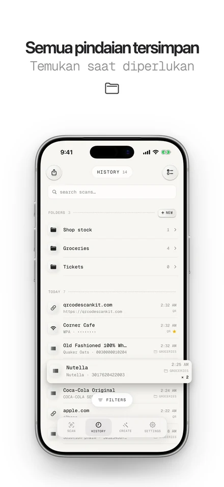 Riwayat pindaian yang tersimpan dan tersusun dalam folder