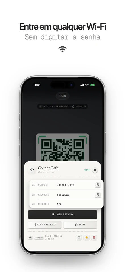 Lendo o QR code de um Wi-Fi para entrar na rede com um toque