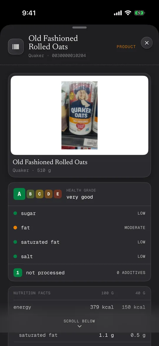 A food barcode result with the health grade and nutrition facts