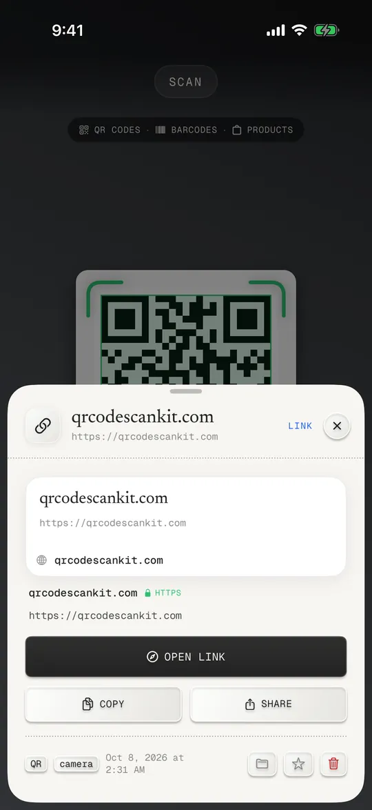 A scanned link showing the real web address and an Open link button