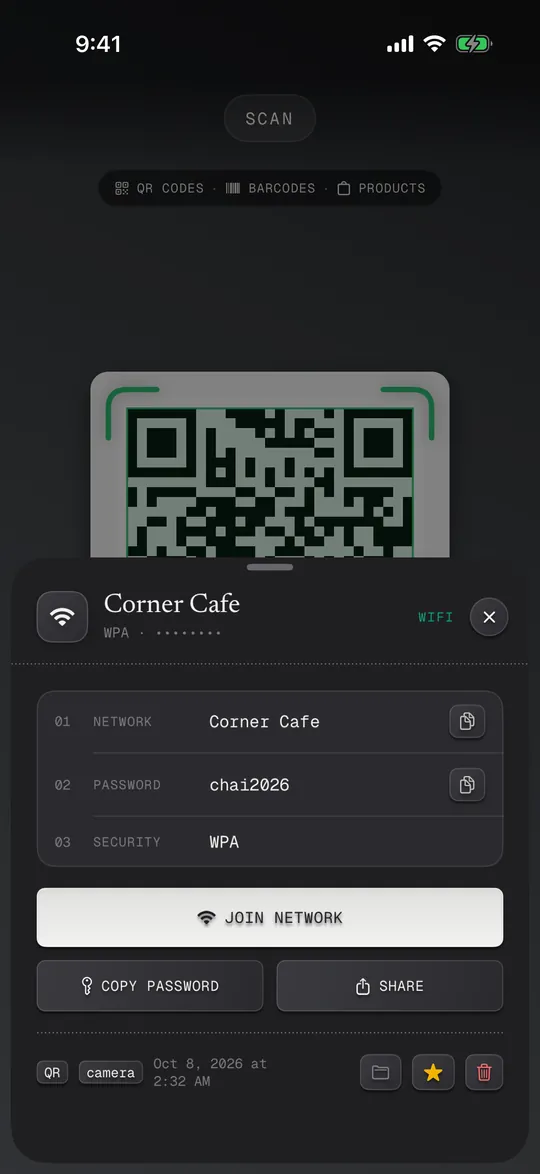A scanned Wi-Fi QR code showing the network, password and a Join network button